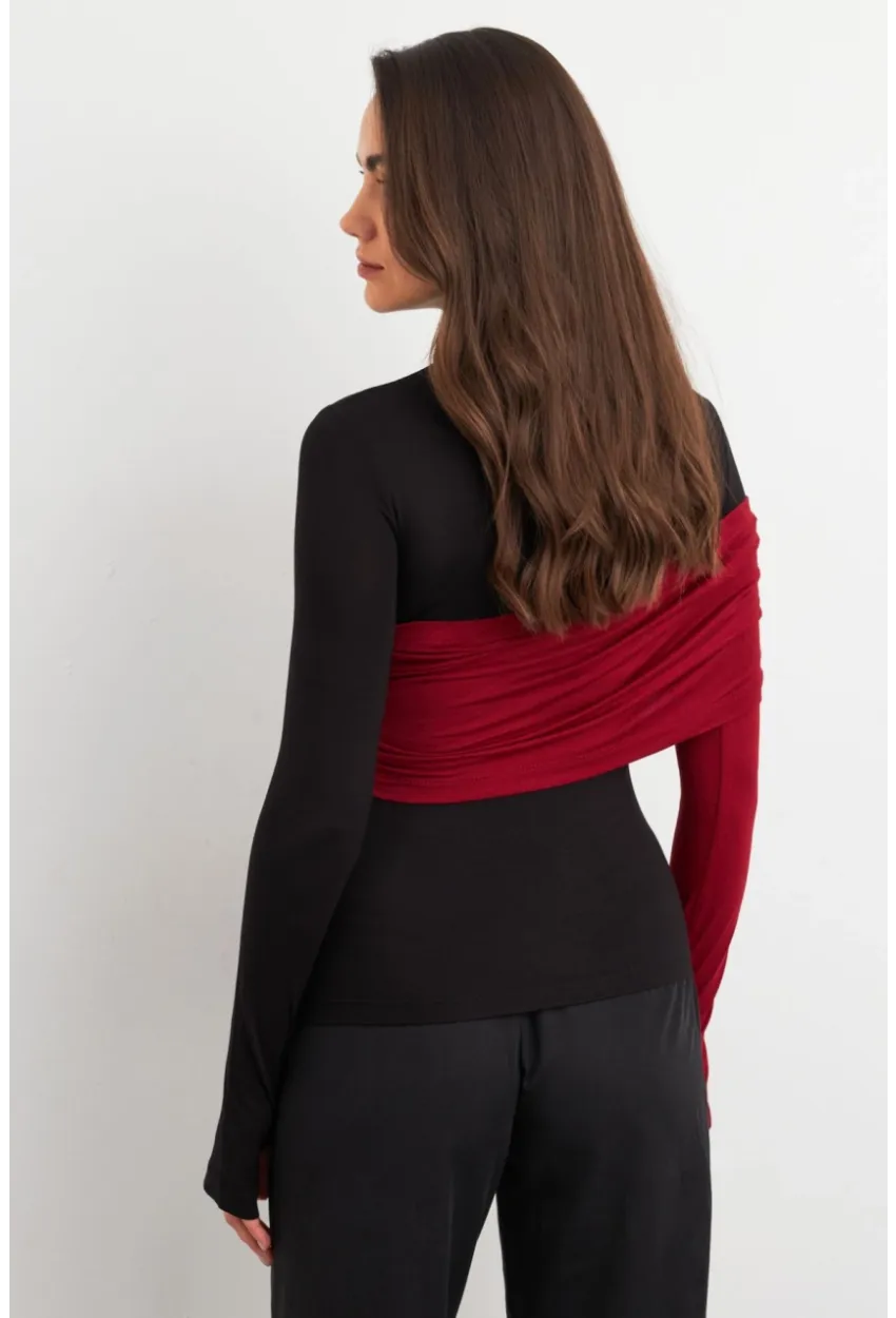 Kadın Siyah-Bordo Bloklu Bluz EY3018