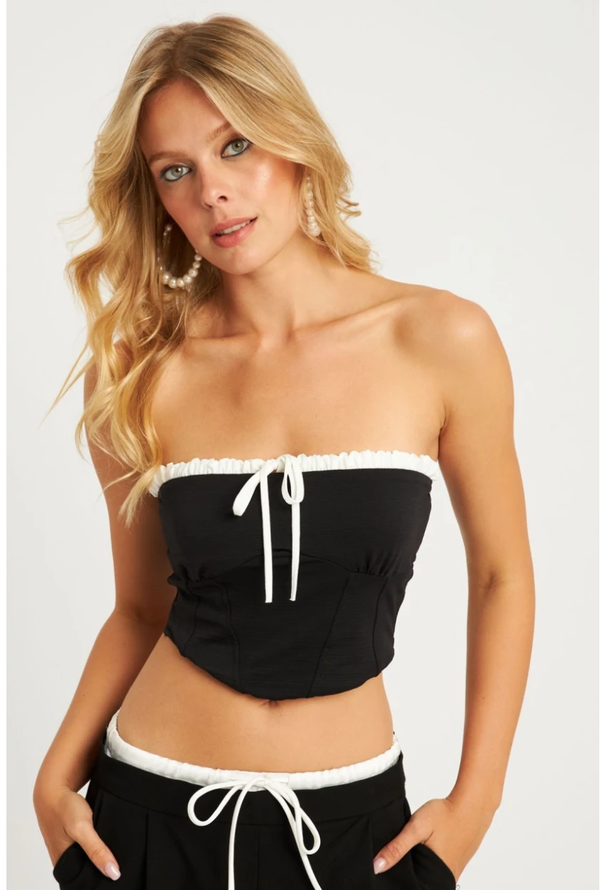 Kadın Siyah Boyun Bağlamalı Crop Bluz MON133