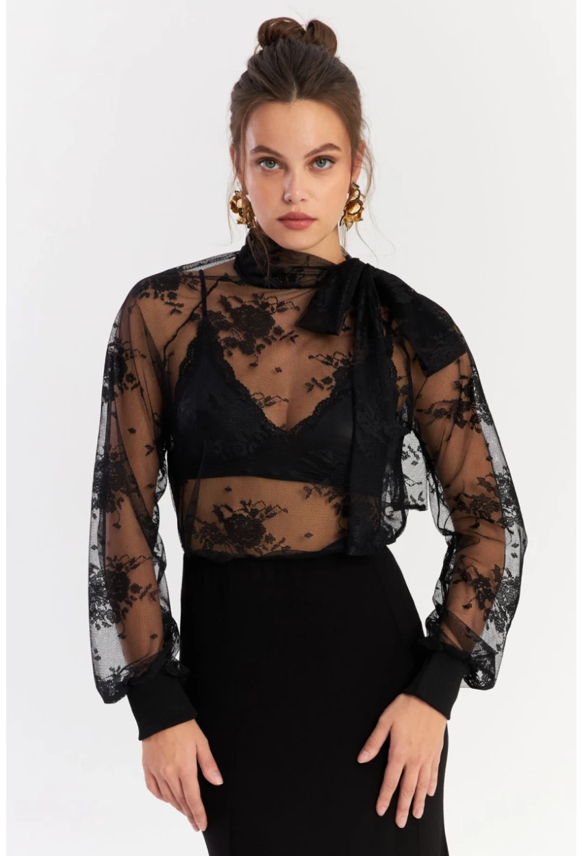 Kadın Siyah Boyun Bağlamalı Tül Bluz EY2929