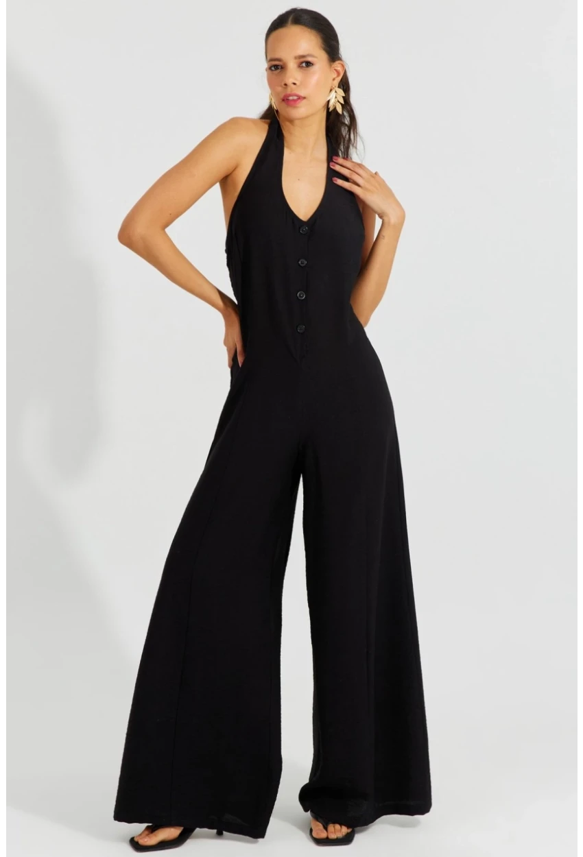 Kadın Siyah Boyundan Bağlamalı Gipeli Salaş Tulum BK1660