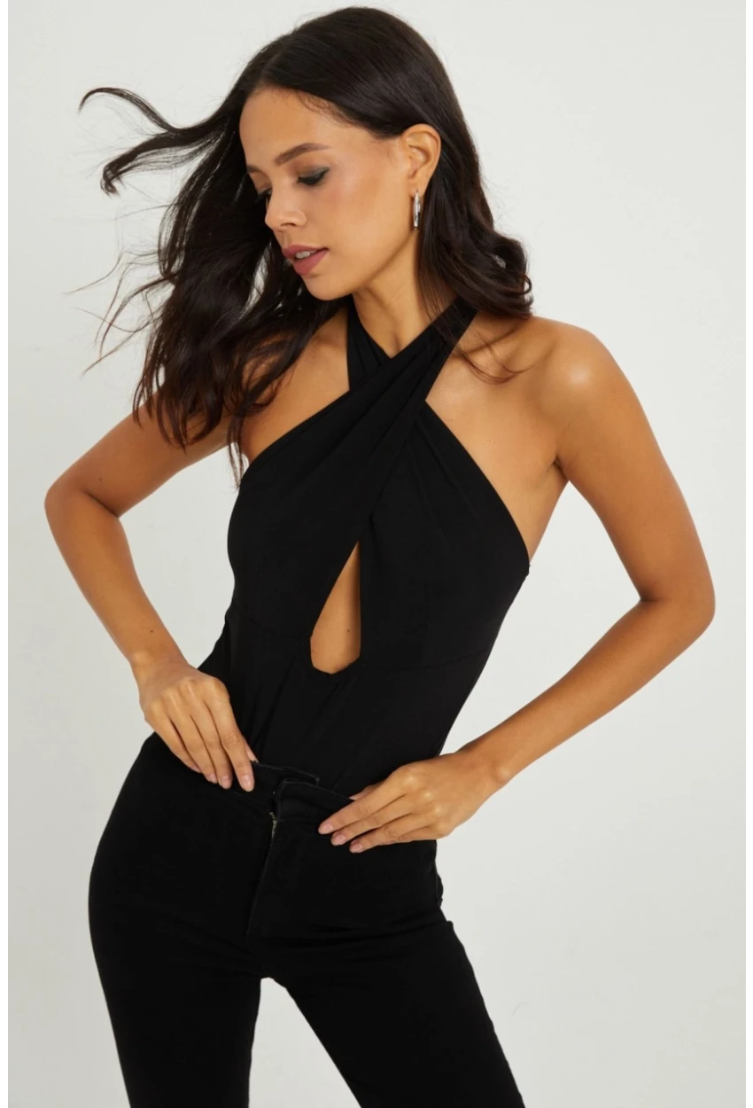 Kadın Siyah Boyundan Bağlamalı Sırtı Açık Body B203-9