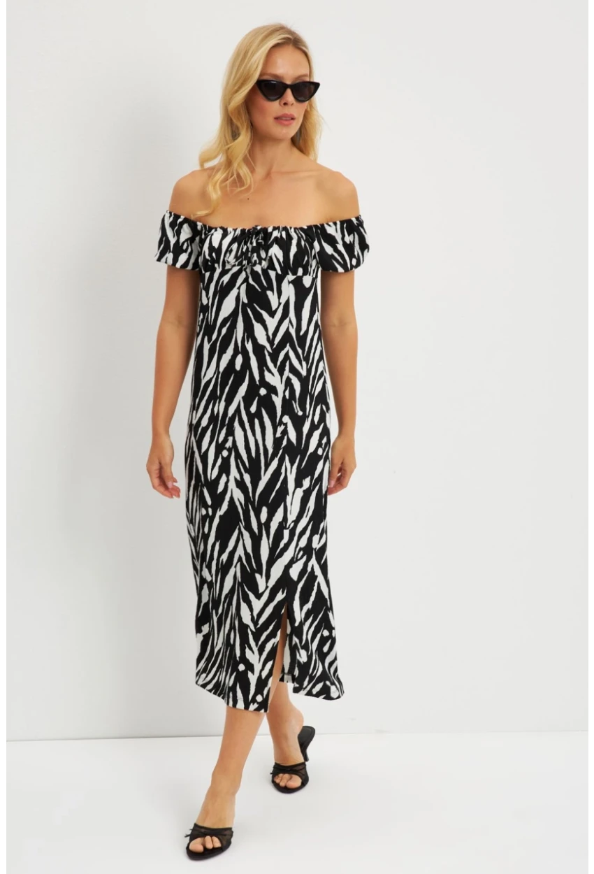 Kadın Siyah Bürümcük Büzgülü Midi Elbise DY105