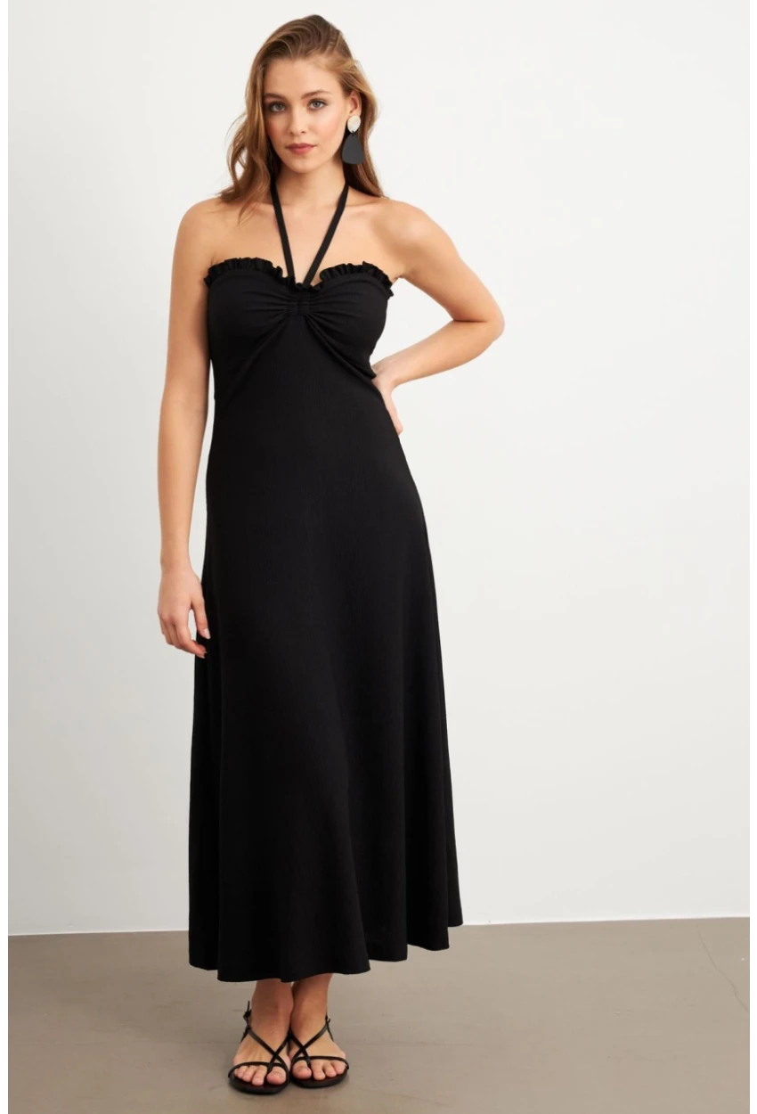 Kadın Siyah Büzgülü Bürümcük Midi Elbise EY3096