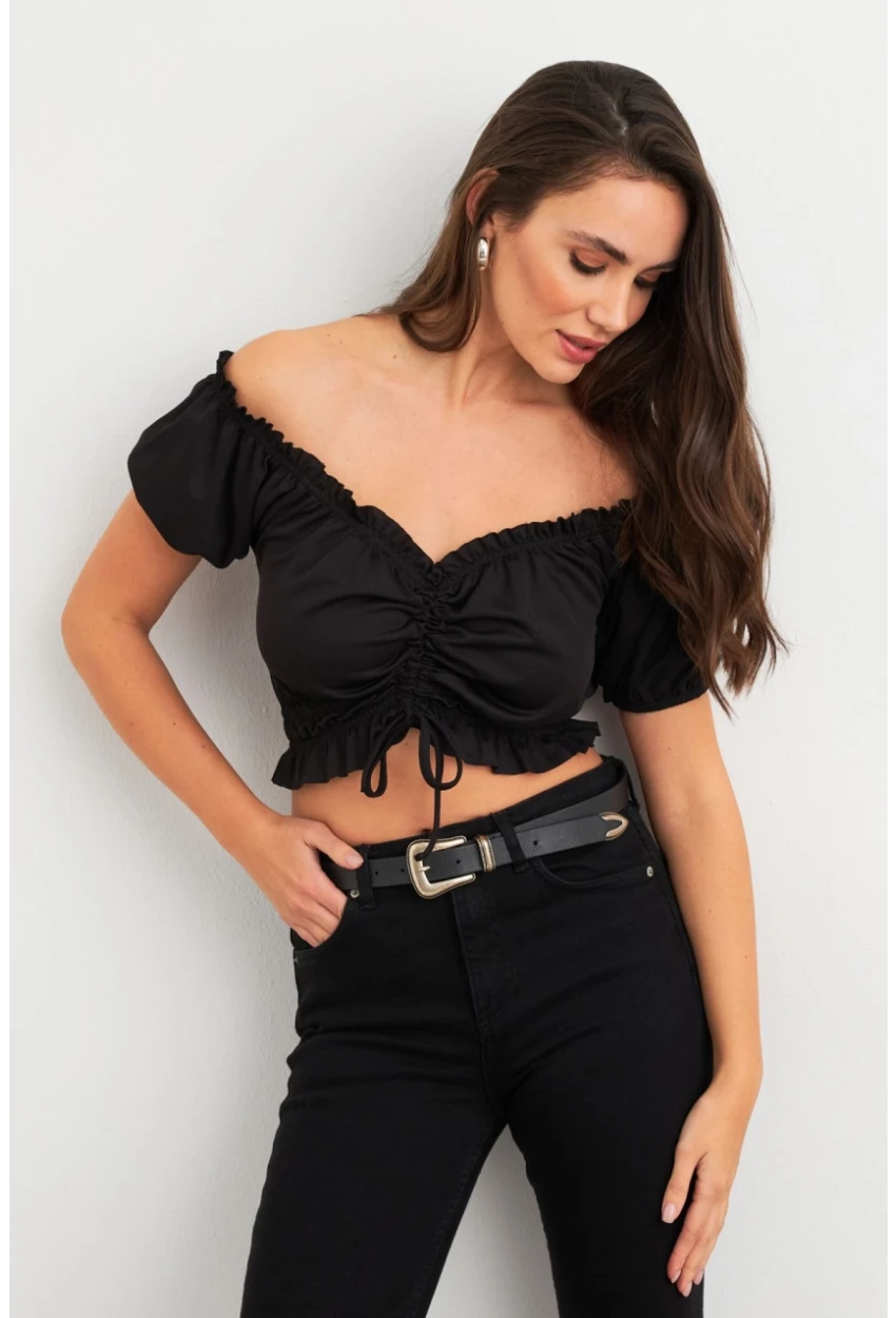 Kadın Siyah Büzgülü Crop Bluz ELT1680