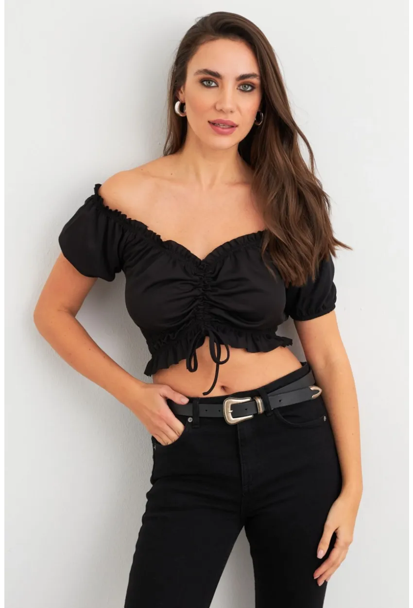 Kadın Siyah Büzgülü Crop Bluz ELT1680