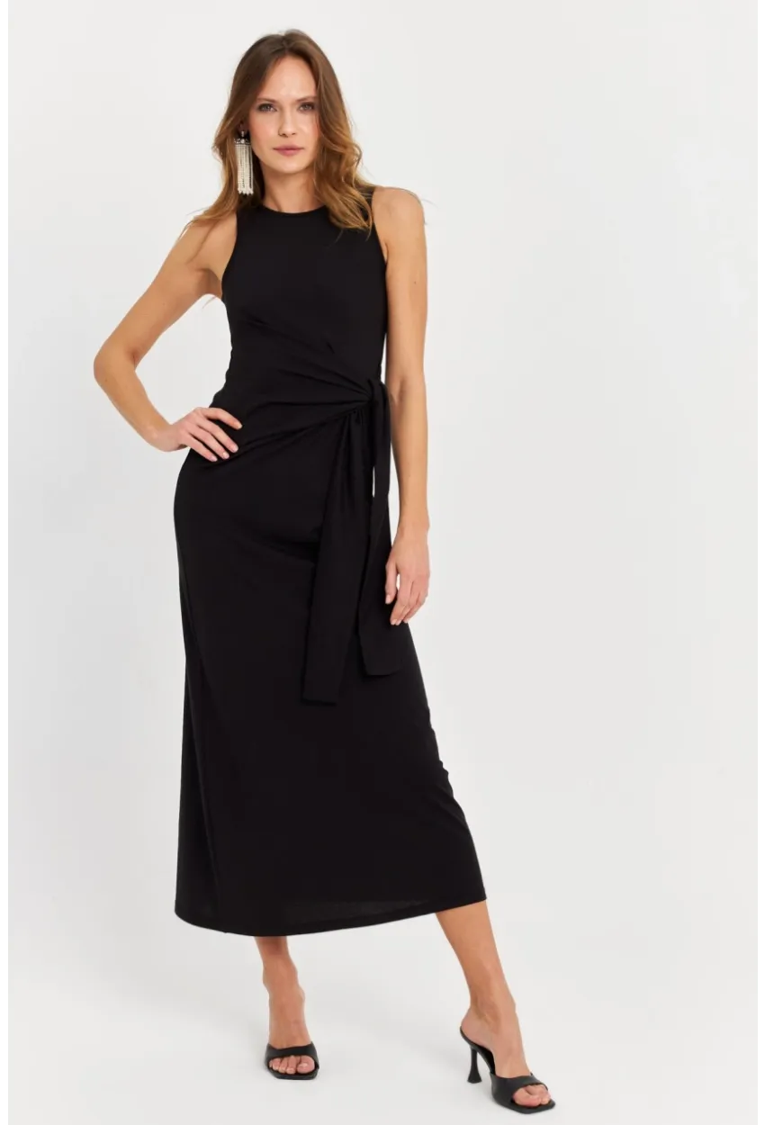 Kadın Siyah Büzgülü Kolsuz Midi Elbise TF75