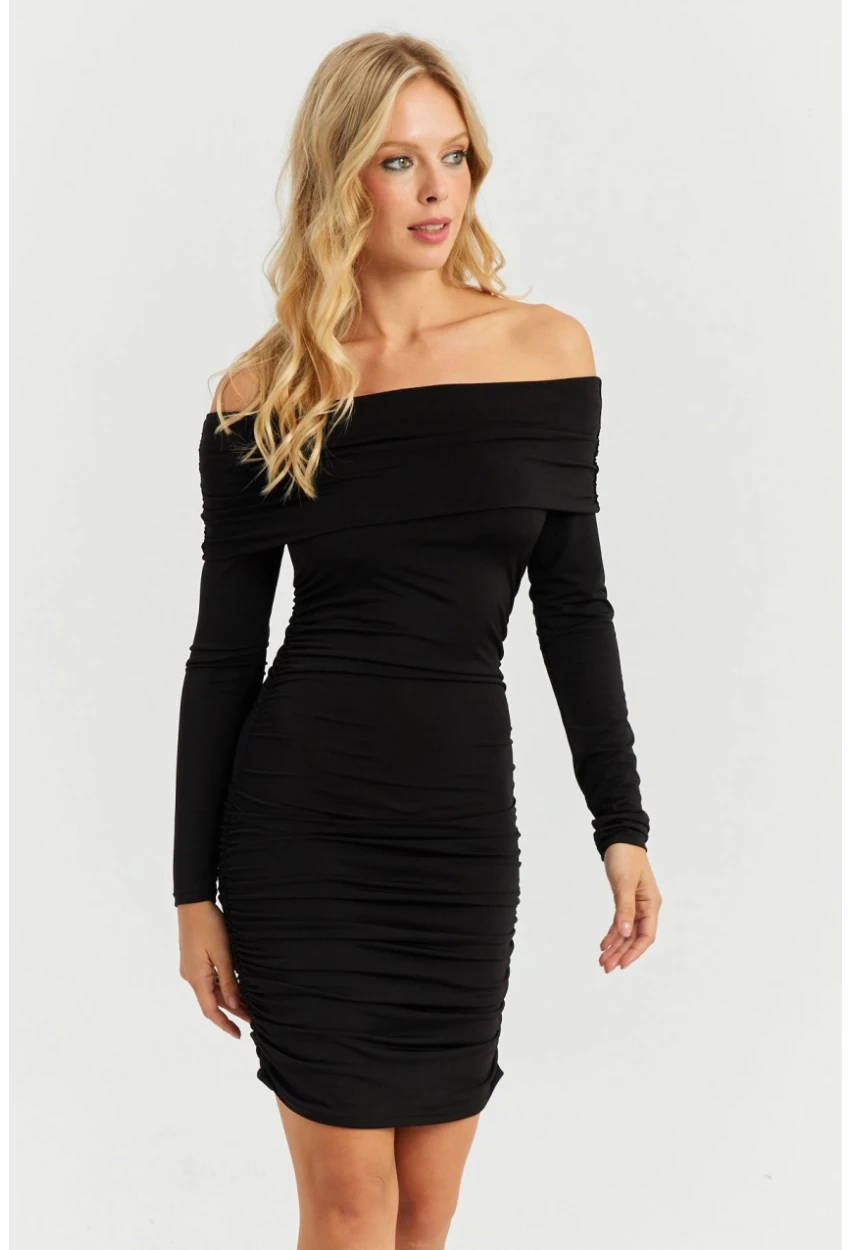 Kadın Siyah Büzgülü Madonna Mini Elbise MON1118