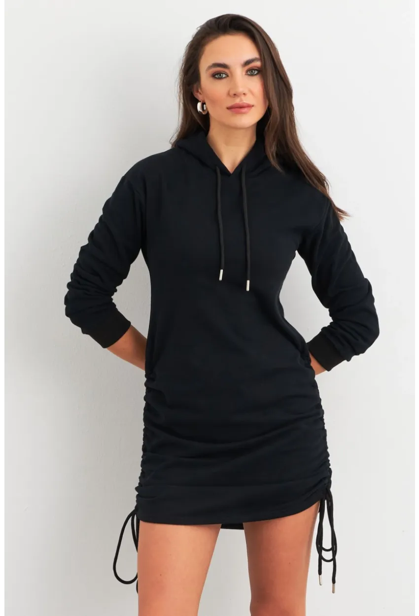 Kadın Siyah Büzgülü Sweat Elbise XC8101