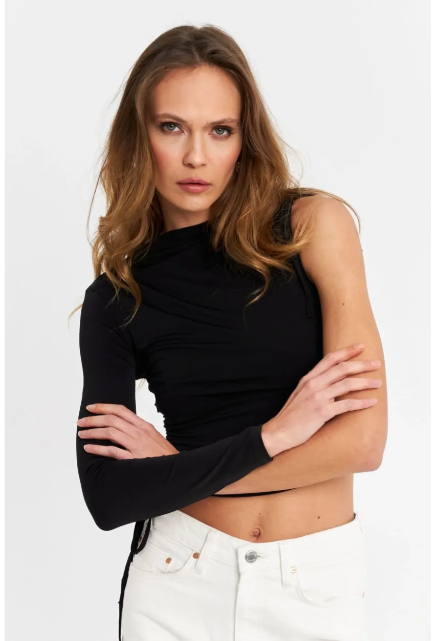 Kadın Siyah Büzgülü Tek Kol Bluz SB150