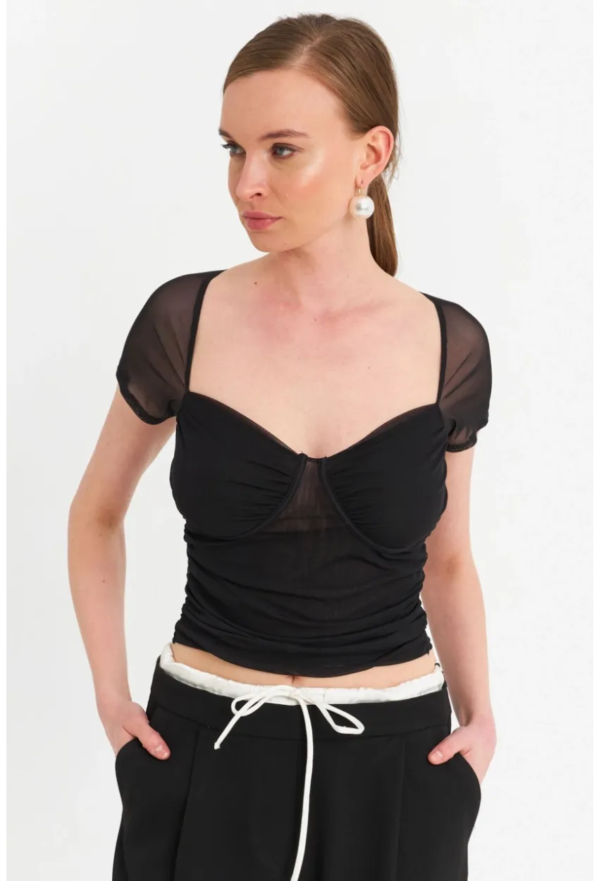 Kadın Siyah Büzgülü Tül Crop Bluz TPG04
