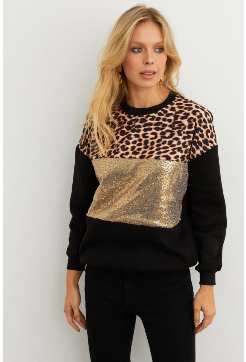 Kadın Siyah-Camel Bloklu Sweatshirt MST098