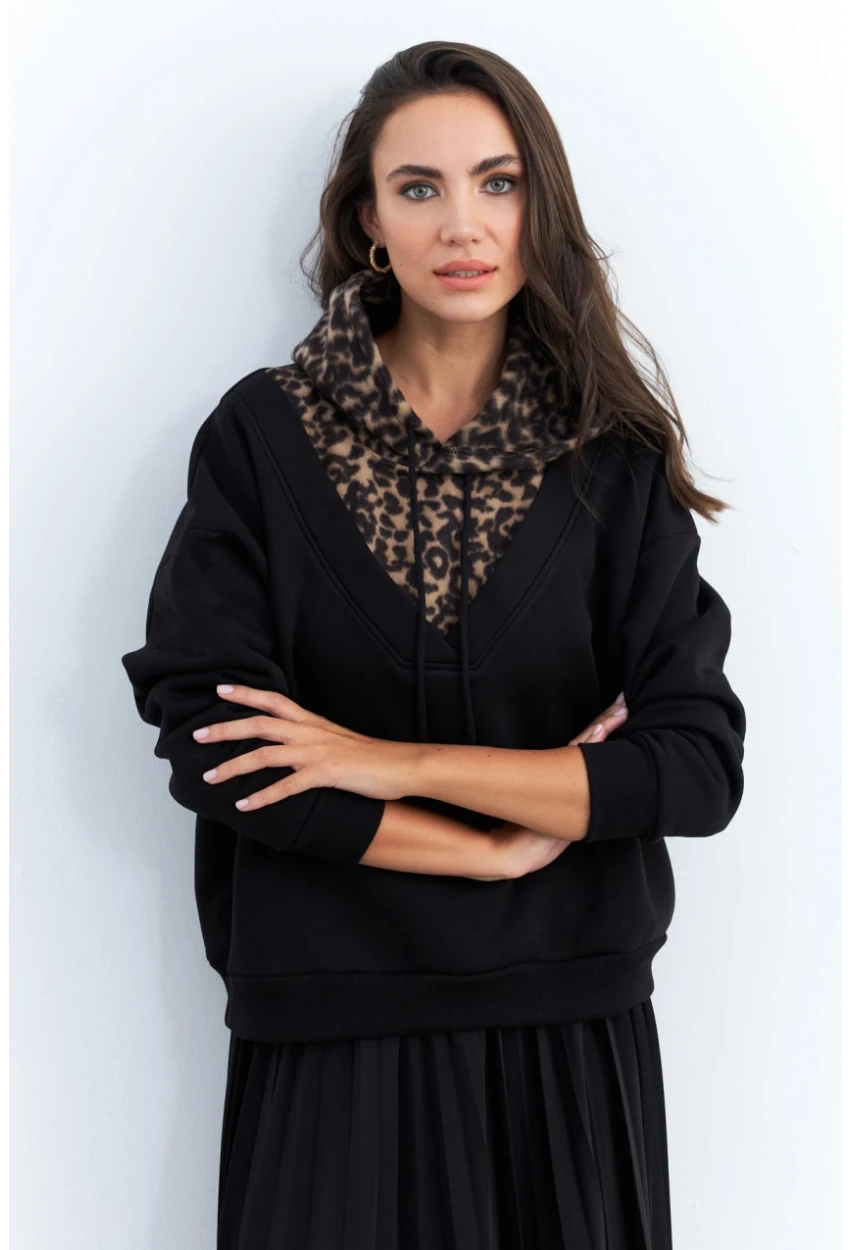 Kadın Siyah-Camel Leopar Bloklu Sweatshirt PP6415