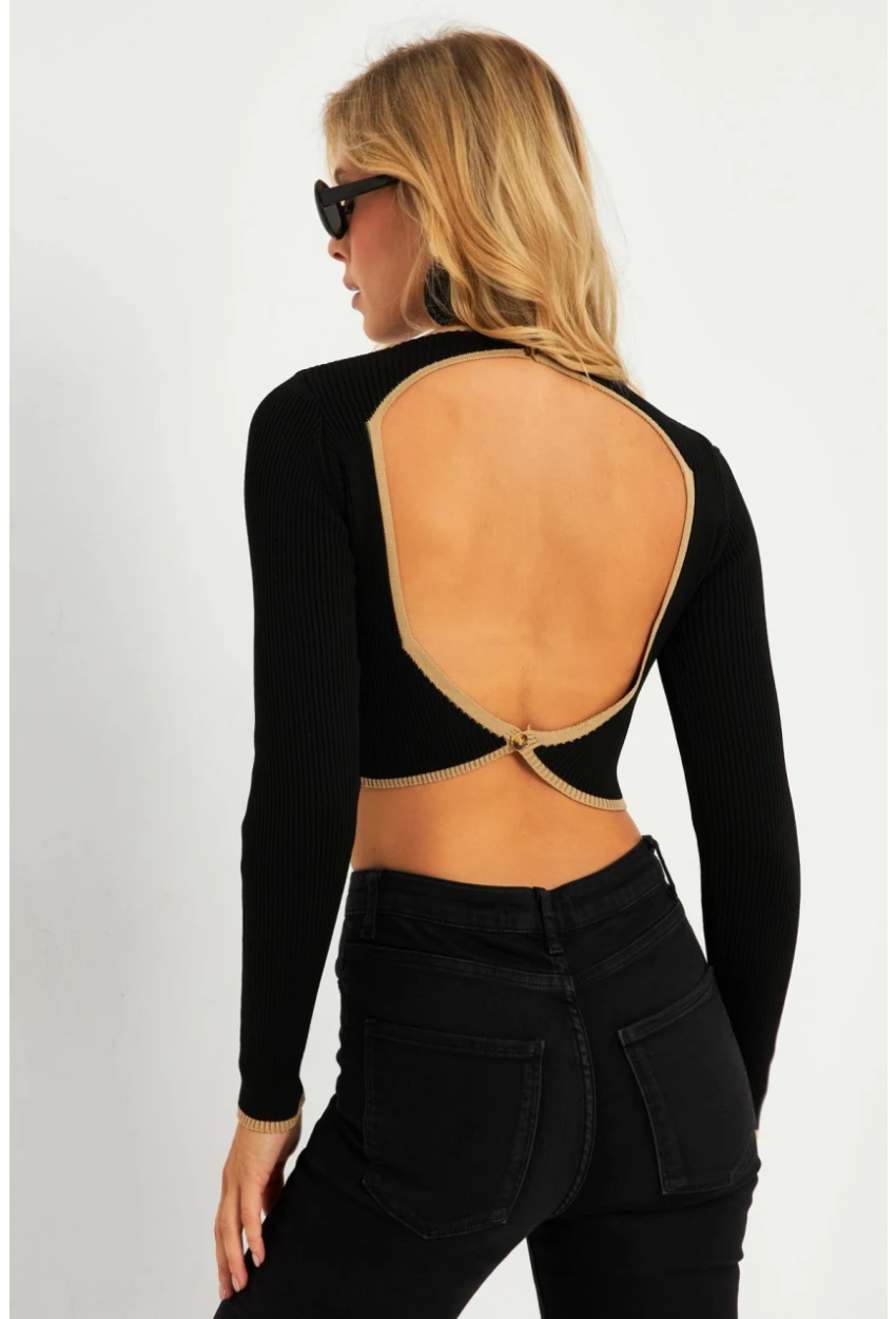Kadın Siyah-Camel Sırtı Açık Bluz YV270