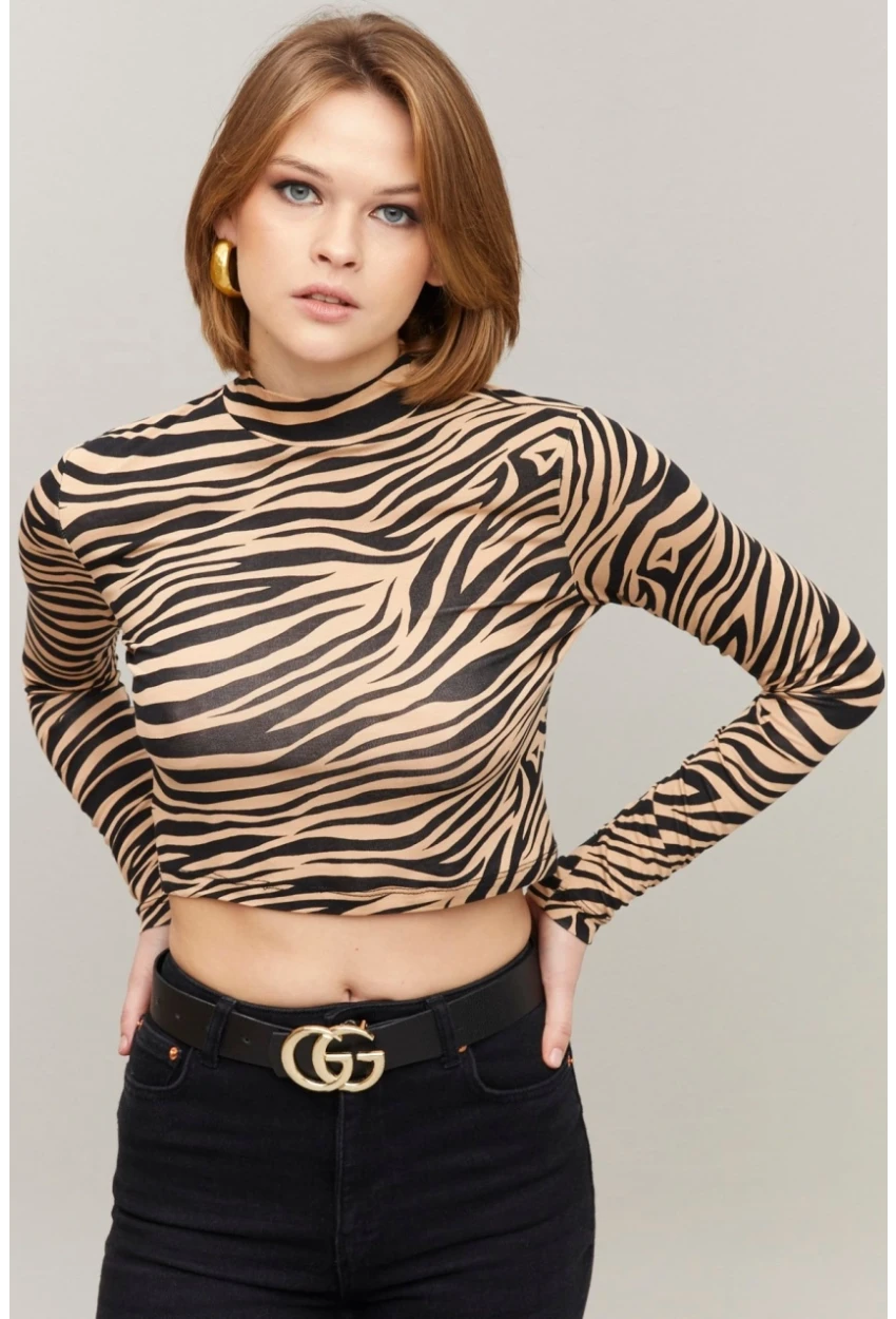 Kadın Siyah-Camel Yarım Balıkçı Crop Bluz LPP1137-1