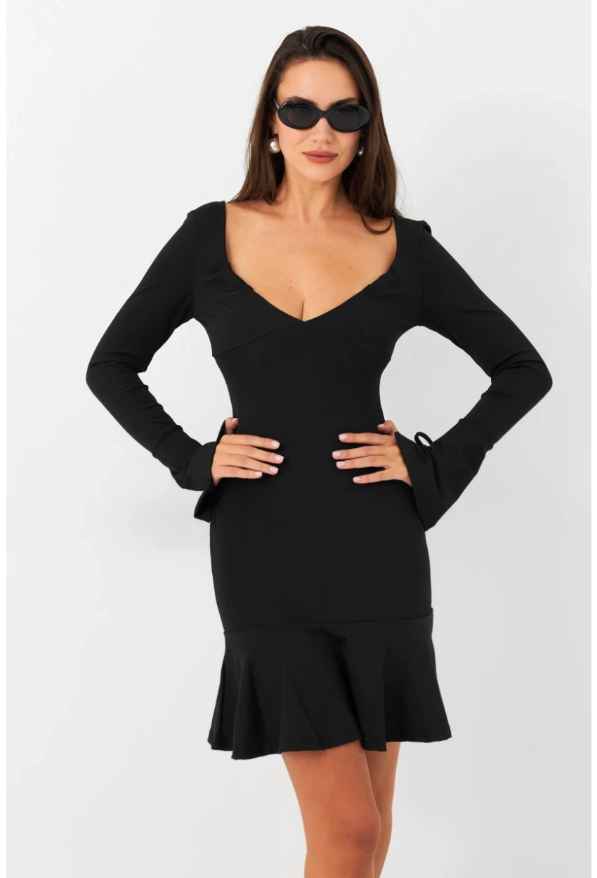 Kadın Siyah Çan Kol Mini Elbise CG386