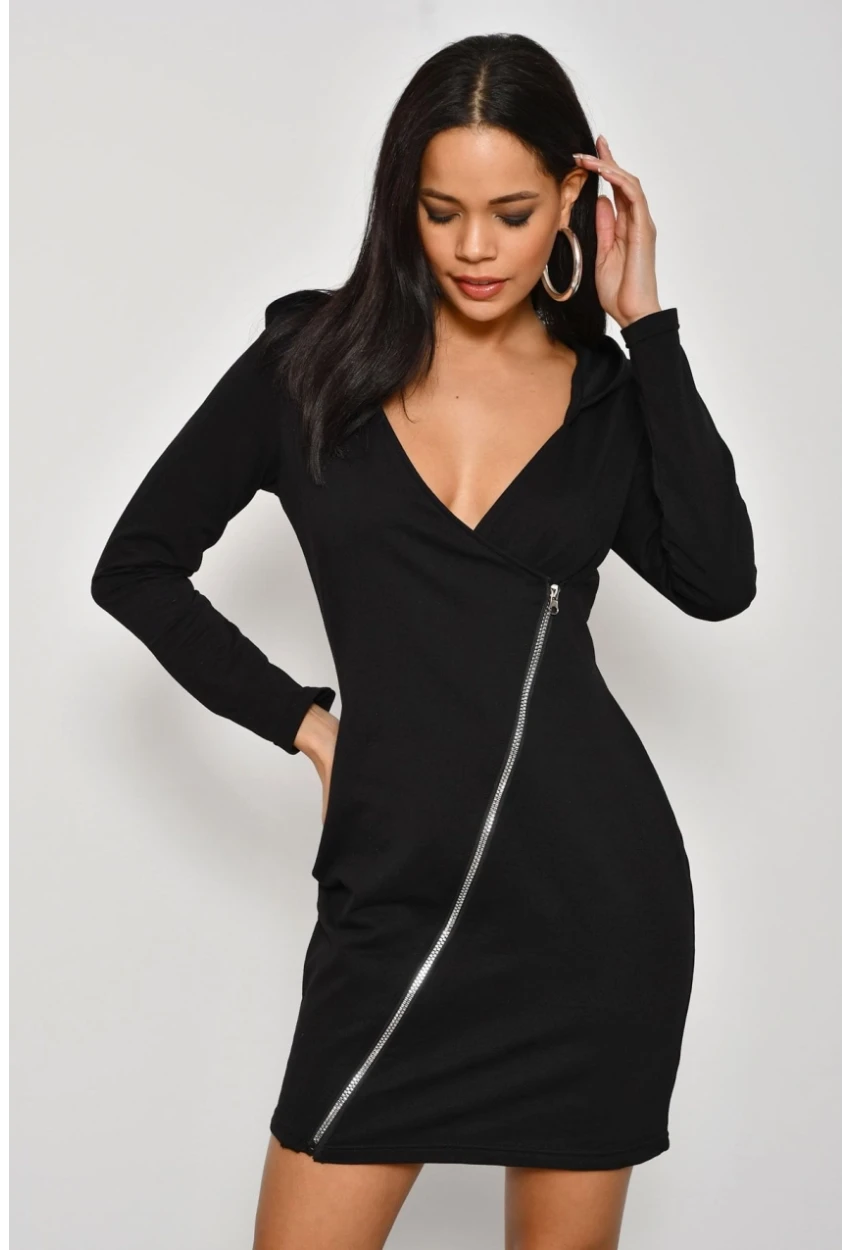 Kadın Siyah Çapraz Fermuarlı Kapüşonlu Sweat Elbise B61