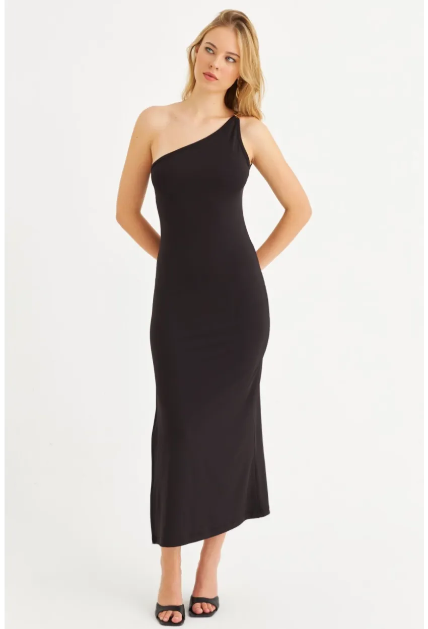 Kadın Siyah Çapraz Yaka Aksesuarlı Midi Elbise EY3088