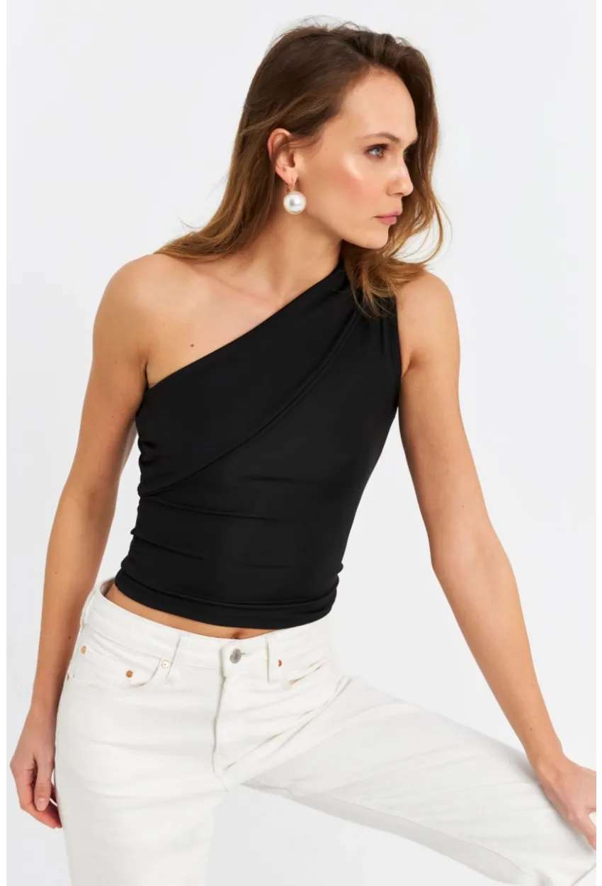 Kadın Siyah Çapraz Yaka Crop Bluz B6082-90