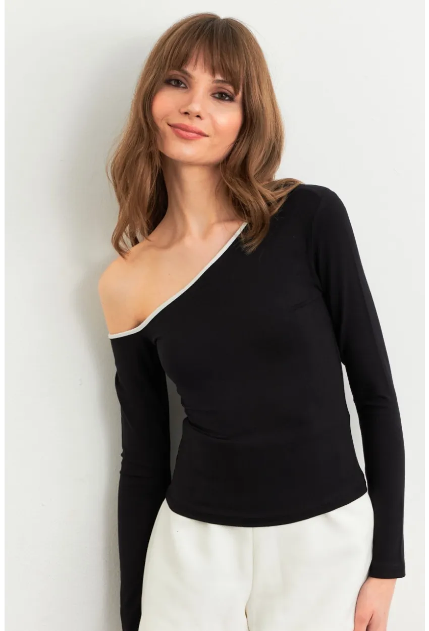 Kadın Siyah Çapraz Yaka Crop Bluz HOR0060