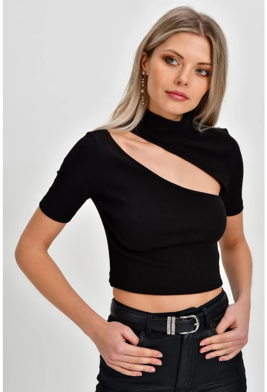 Kadın Siyah Çapraz Yaka Kaşkorse Kısa Bluz B74