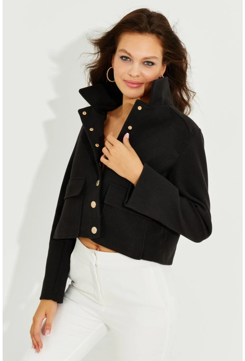 Kadın Siyah Cepli Kısa Kaşe Ceket TW50048