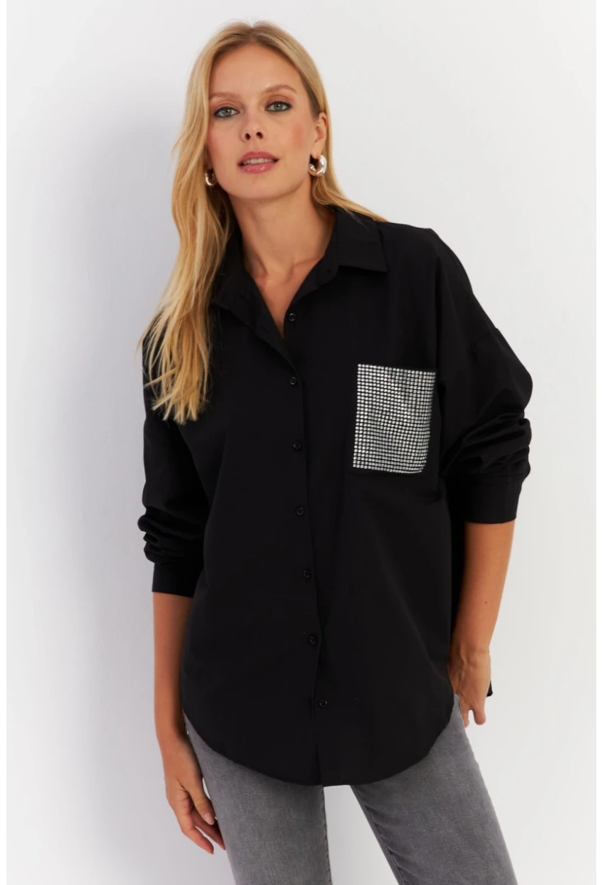 Kadın Siyah Cepli Taşlı Gömlek MZER414