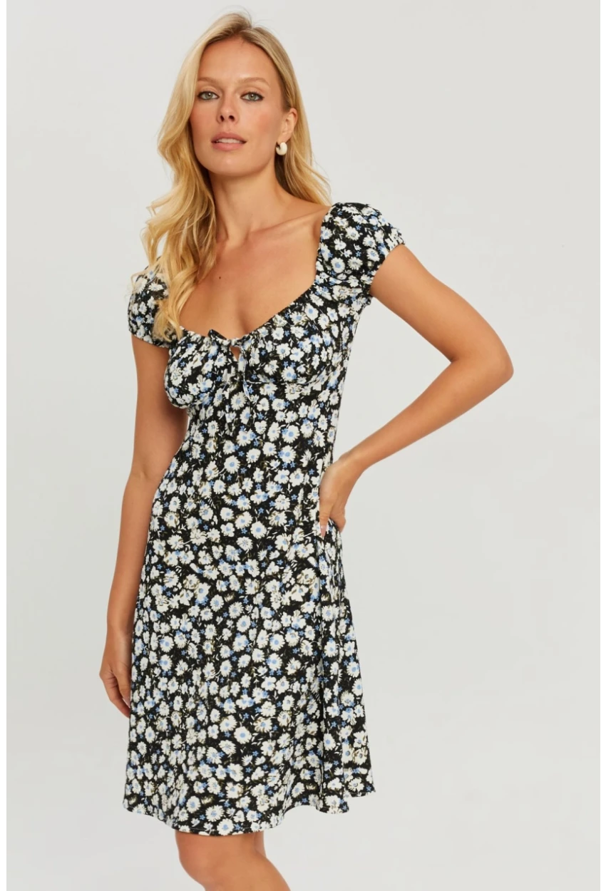 Kadın Siyah Çiçekli Mini Elbise GÇ165