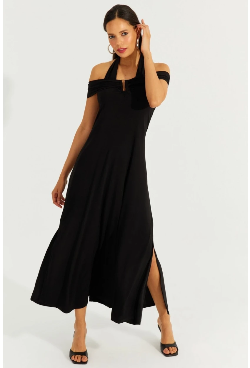 Kadın Siyah Çift Askılı Maxi Elbise BK261084