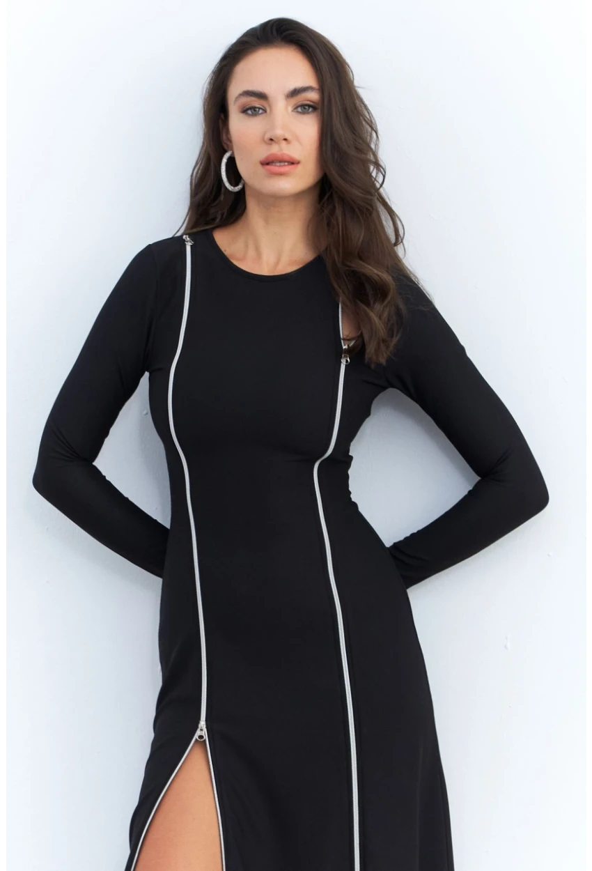 Kadın Siyah Çift Fermuarlı Maxi Elbise ELT4039