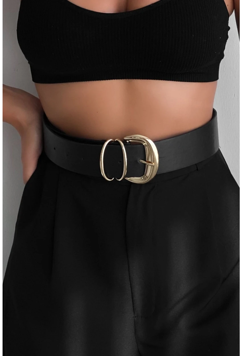 Kadın Siyah Çift Köprülü Oval Toka Kemer BE658