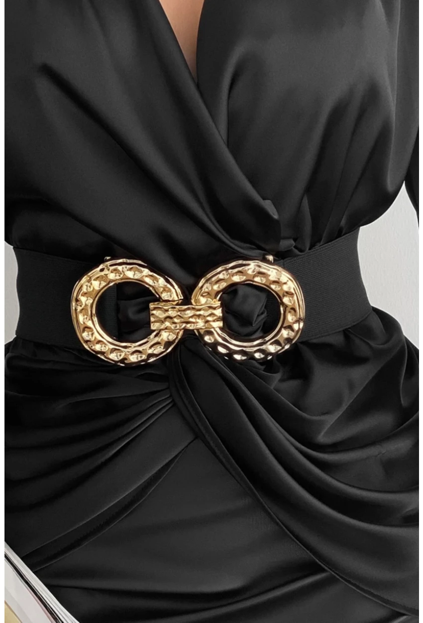 Kadın Siyah Çift Tokalı Lastik Kemer BE621