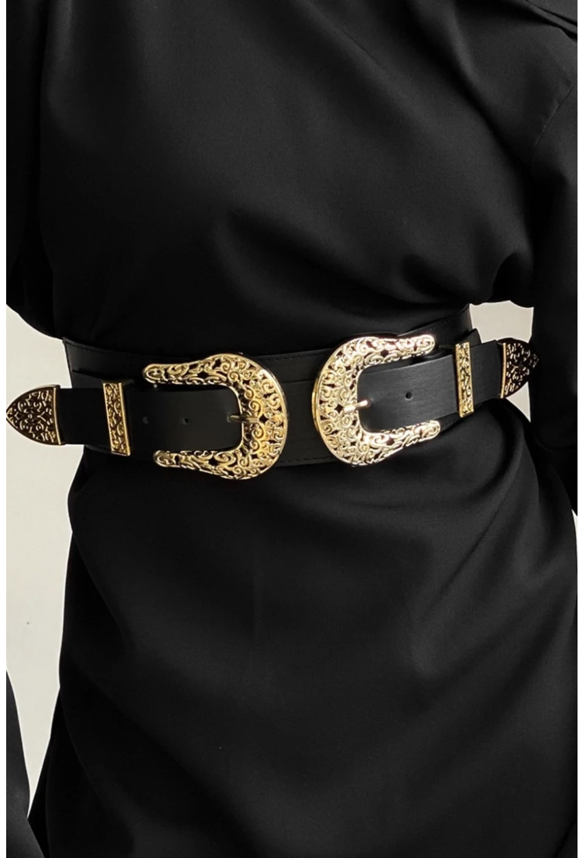 Kadın Siyah Çift Tokalı Lastikli Kemer BE617