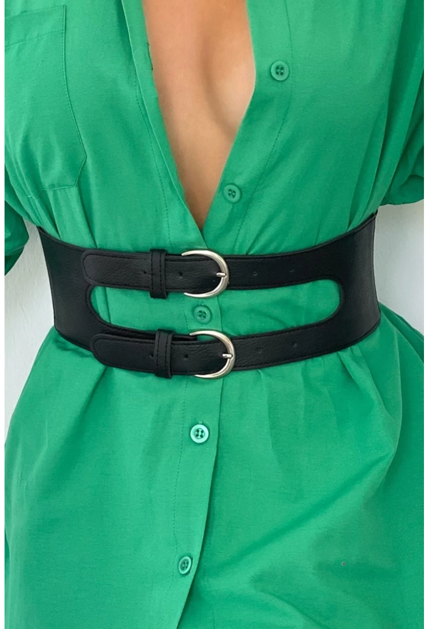 Kadın Siyah Çift Tokalı Lastikli Korse Kemer BE638