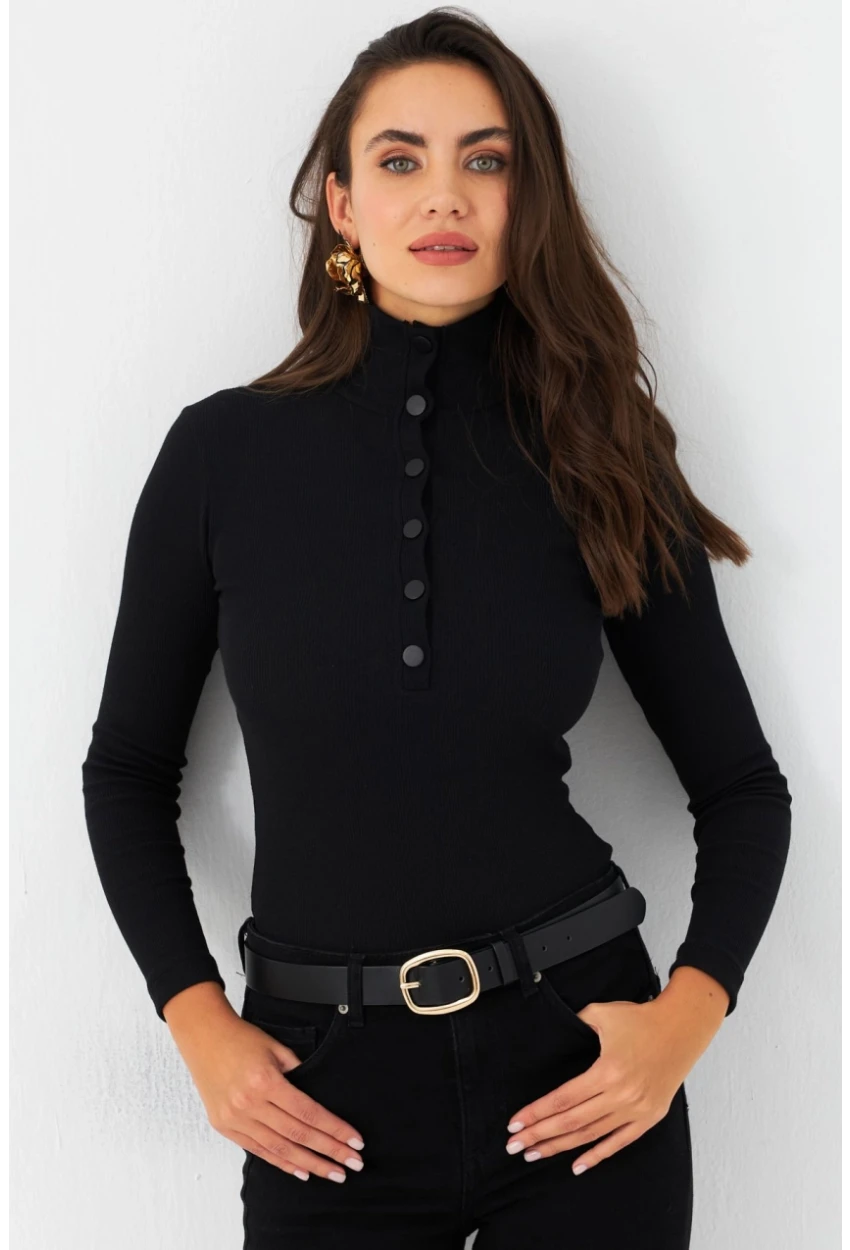 Kadın Siyah Çıtçıtlı Kaşkorse Bluz EY2983