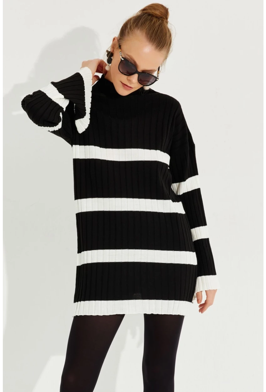 Kadın Siyah Çizgili Mini Triko Elbise YV212