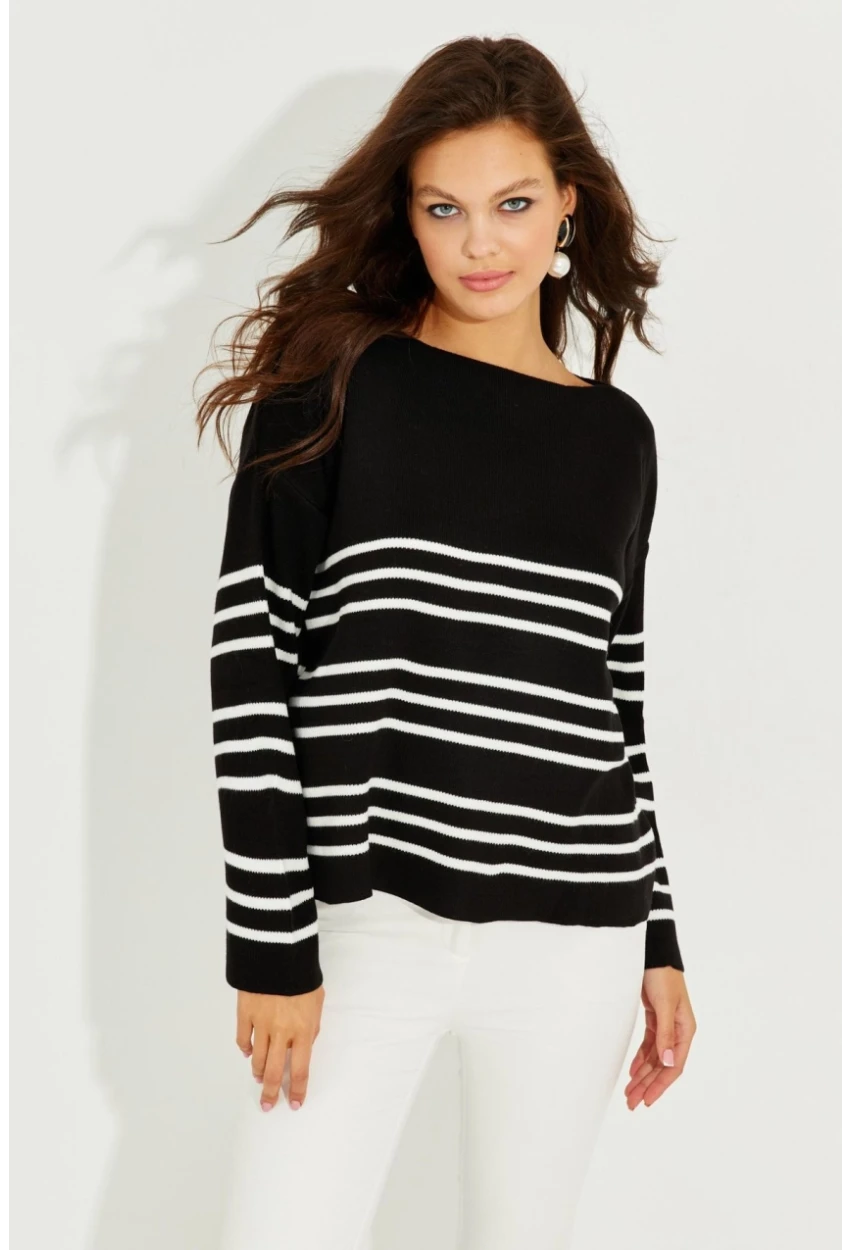 Kadın Siyah Çizgili Triko Kazak SF2188