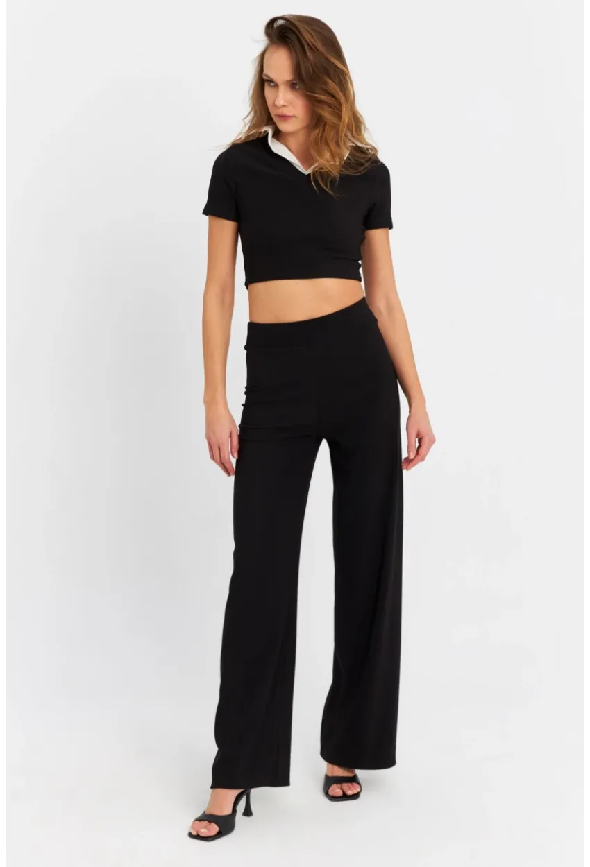 Kadın Siyah Crop Pantolon Takım RU6933