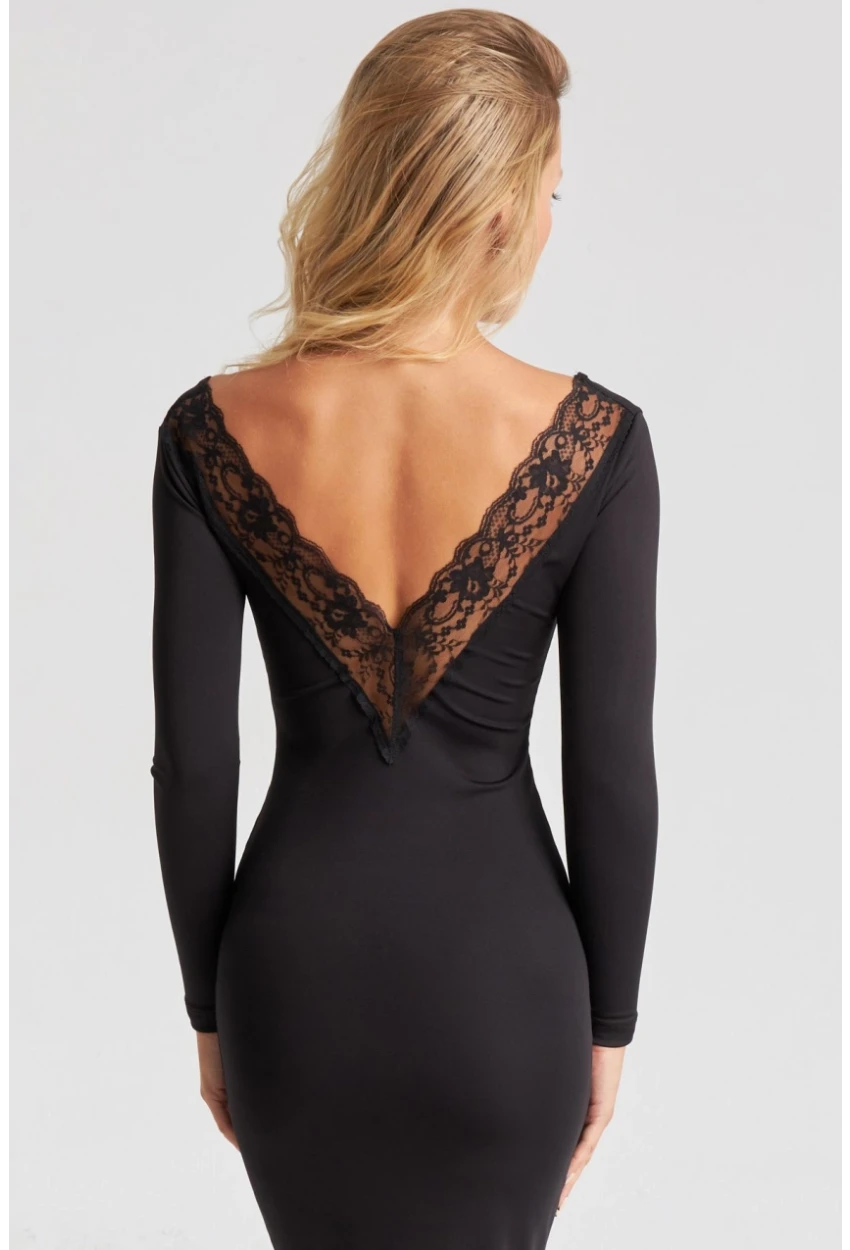 Kadın Siyah Dantel Detaylı Midi Elbise EY2671