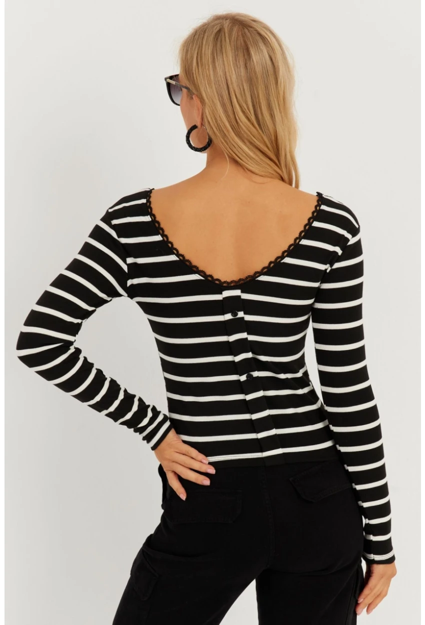 Kadın Siyah Dantel Ve Düğme Detaylı Bluz PP5363