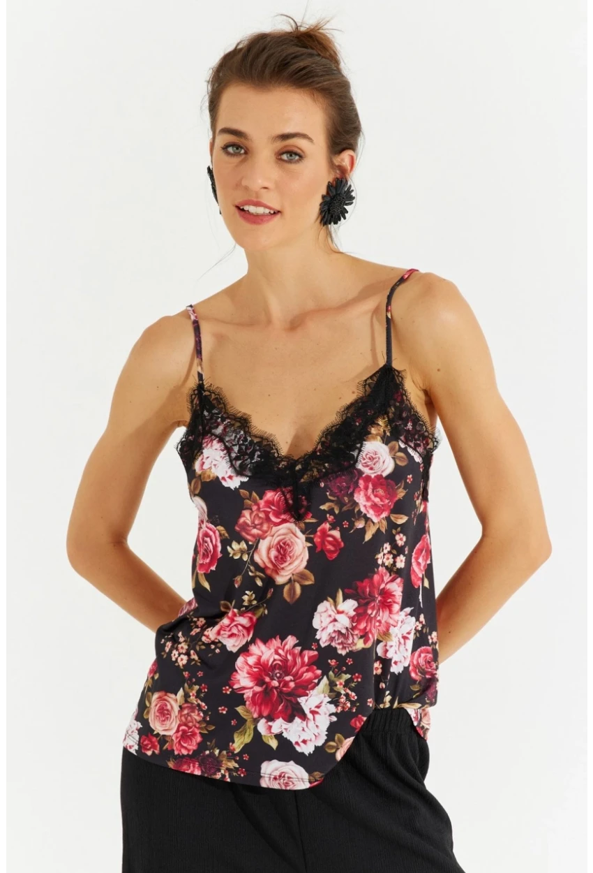 Kadın Siyah Dantelli Askılı Çiçekli Bluz LPP1227