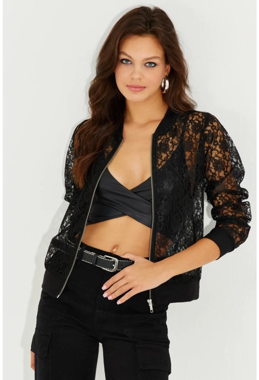 Kadın Siyah Dantelli Fermuarlı Bomber Ceket ST823