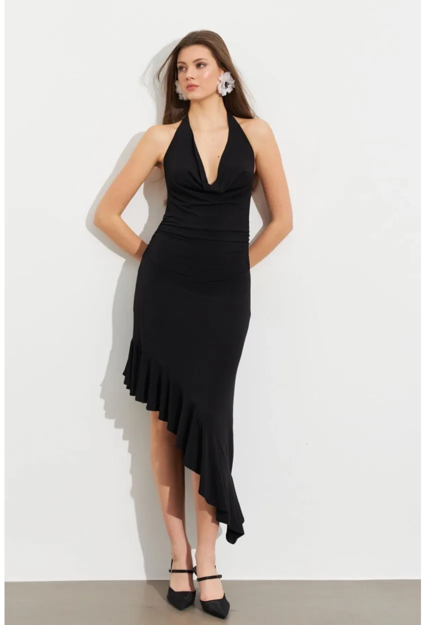 Kadın Siyah Degaje Asimetrik Midi Elbise İRE1436