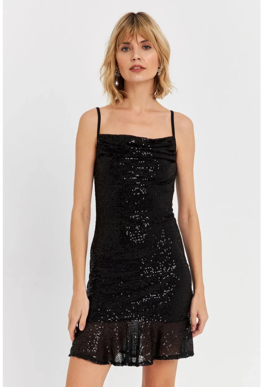 Kadın Siyah Degaje Yaka Pullu Mini Elbise DCF129