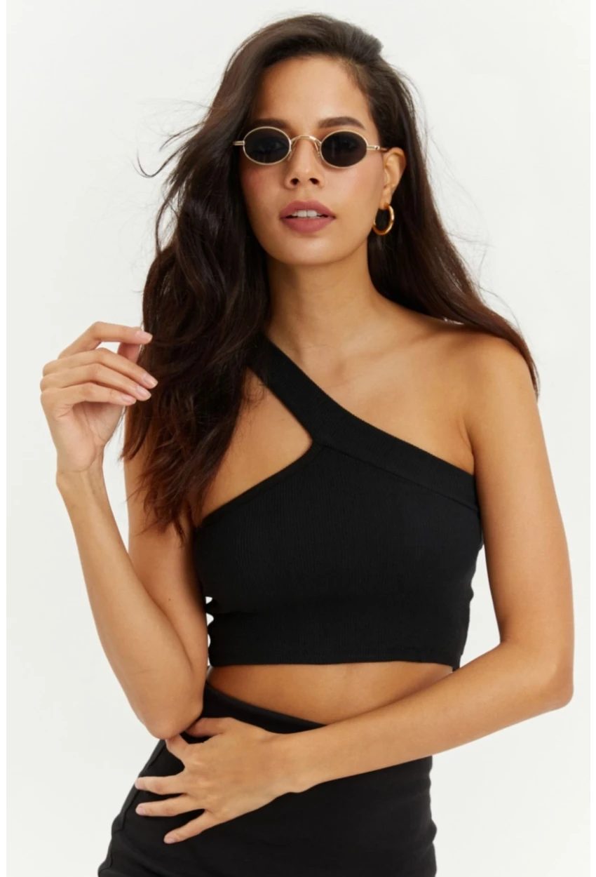 Kadın Siyah Dekolteli Crop Bluz B216