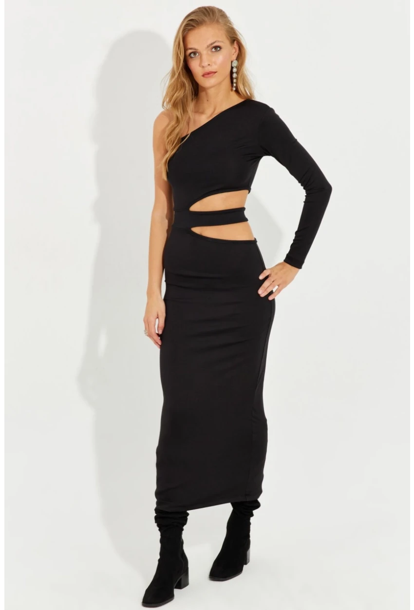 Kadın Siyah Dekolteli Tek Omuz Midi Elbise EY2577