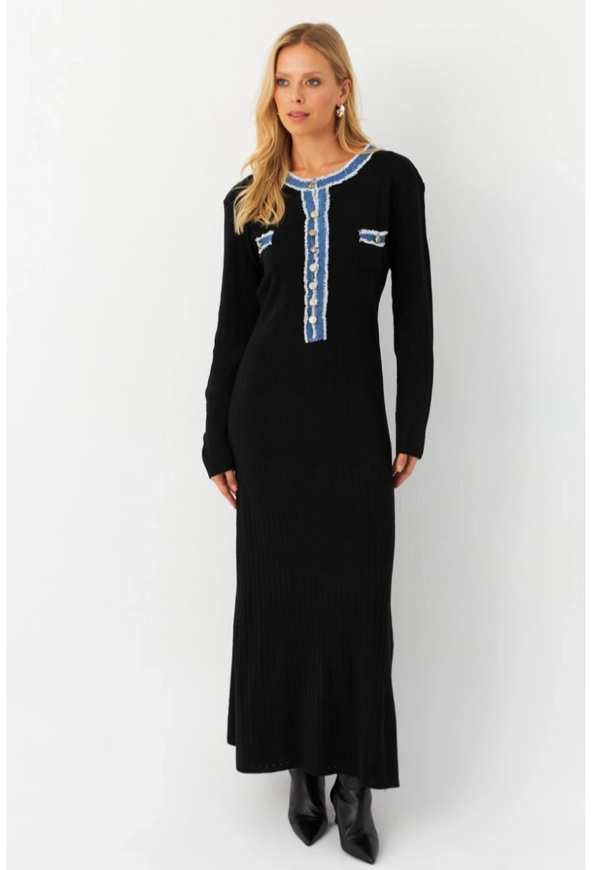 Kadın Siyah Denim Detaylı Maxi Elbise MQAS200