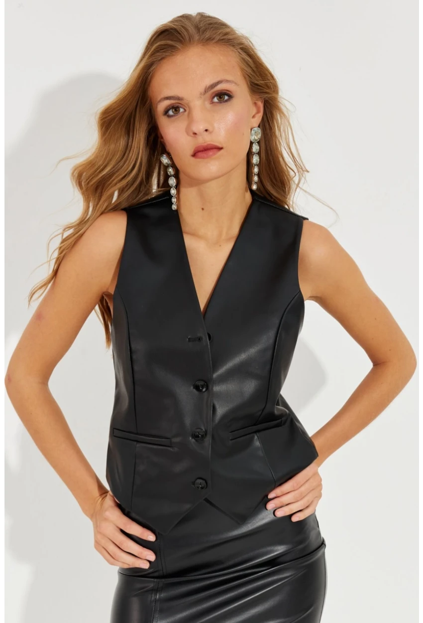 Kadın Siyah Deri Yelek ELA3081