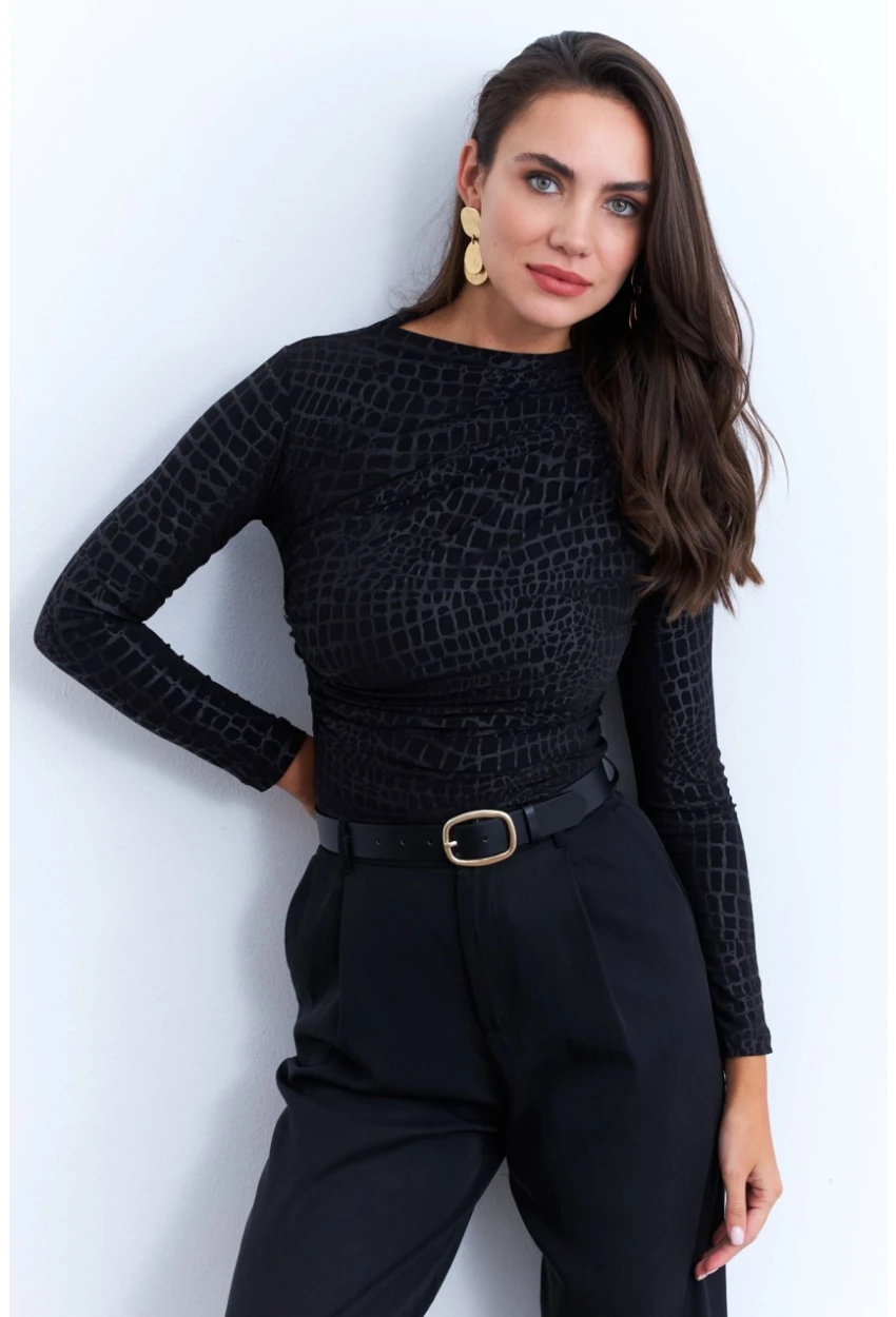Kadın Siyah Desenli Büzgülü Bluz LPP1279