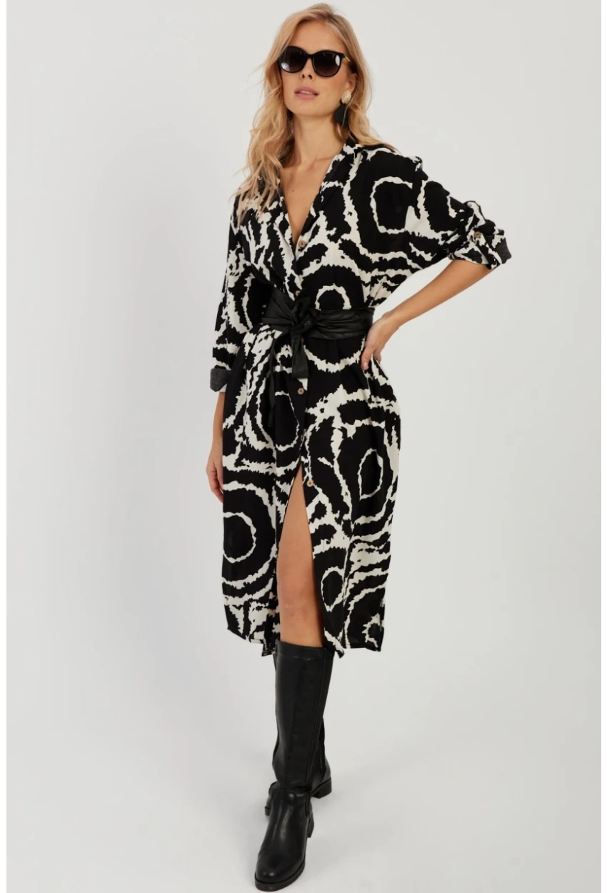 Kadın Siyah Desenli Gömlek Elbise LV174