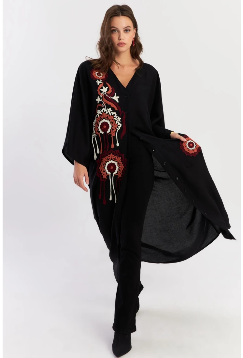 Kadın Siyah Desenli Maxi Dokuma Elbise ALO150